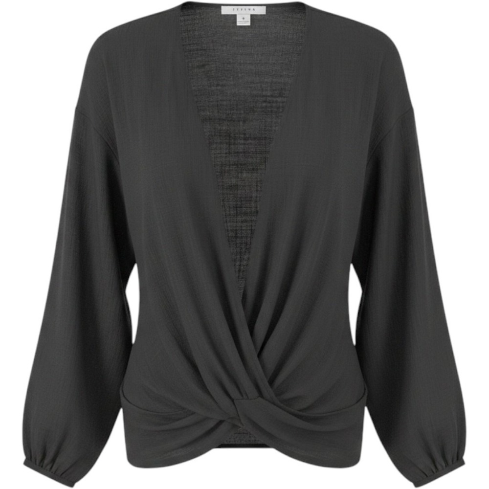 Favlux Fashion Black Surplice V-Neck Long Sleeve Draped Blouse Small SKU 710